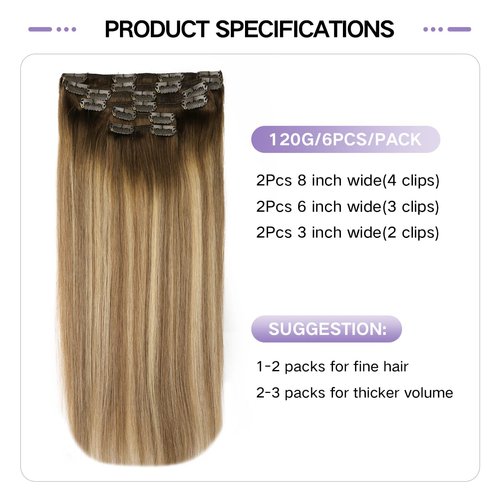 Sindra Hair Extensions Real Human Hair Clip ins 14Inch Balayage Dark Brown Ombre Light Brown Blonde Clip in Hair Extensions Real Human Hair Remy Straight For Woman 100G 6Pcs(clip#3/8/22-14inch)