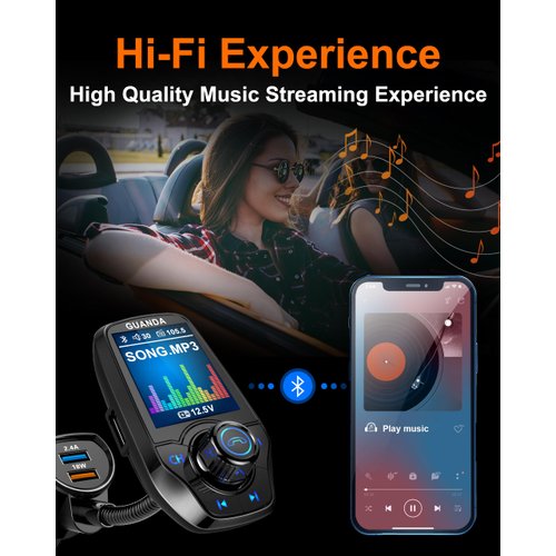 Upgraded Bluetooth FM Transmitter for Car, Wireless Radio Adapter Kit W 1.8" Color Display Hands-Free Call AUX in/Out SD/TF Card USB Fast Charge 18W for All Smartphones Audio Players - Black