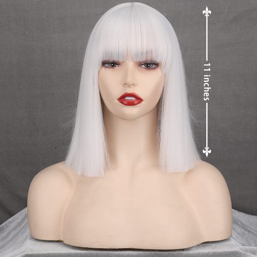 MERISIHAIR Short Bob White Wig with Bangs Silver White Short Wigs for Women Straight Bob White Cospaly Hair Wig for Daily Party Halloween