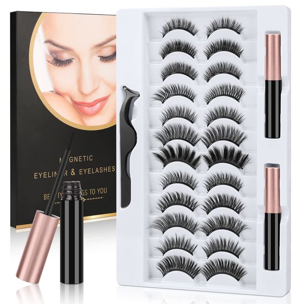 URAQT Lash Clusters Kit, 12 Pair Reusable Magnetic False Eyelashes with 2 Tubes Waterproof Eyeliner & Tweezers Cluster Eyelash Extensions Kit Cat Eye Lashes Eyelashes Clusters Lashes Extension Kit