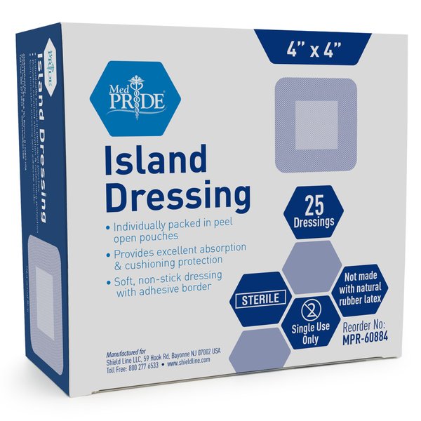 MED PRIDE Bordered Gauze-Island Dressing 4'' x 4''| 25 Individually Packed Pouches, Wound Dressing with Adhesive, Breathable Borders, Sterile & Highly Absorbent, Latex & Rubber-Free