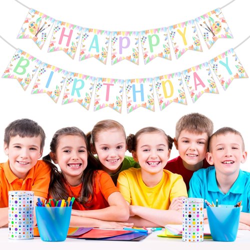 Art Birthday Party Decorations Girl Pastel Art Happy Birthday Banner Pre-Strung Macaron Crayon Birthday Banner for Rainbow Art Painting Drawing Artist Theme Birthday Party Supplies