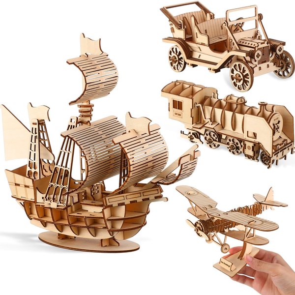 Yilloog 4 Pcs DIY 3D Wooden Puzzle Set Collectibles Wooden Model Kits for Adults Desk Display Educational Brain Teaser Gift for Birthday, Christmas (Vehicle)