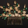 Teyglen Boho Gold Leaf Wedding Hair Comb Emerald Green Crystal Hair Comb Bridal Rhinestone Headpiece Hair Piece Hair Accessories for Women
