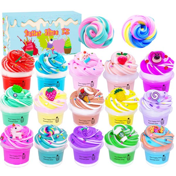 15 Packs Butter Slime Kit,Non Sticky,Super Soft Sludge Toy,Birthday Gifts for Kids,DIY Butter Slime Party Favor for Girls & Boys