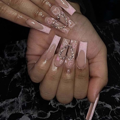 ANDGING Pink Press on Nails Long Coffin, Fake Nails for Women with Glitter Heart Rhinestone Design, Acrylic Glue on Nails, Square False Nails Press on, Stick on Nails for Wedding Birthday 24Pcs