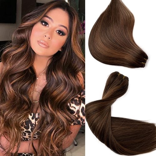 Ombre Brown Blonde Sew in Hair Extensions Human Hair Dark Brown Fading to Medium Brown Mixed Ash Blonde Double Wefts Sew in Hair 14inch 80gram 2T2P6 Blonde Highlight Hand Tied Weft Hair Extensions