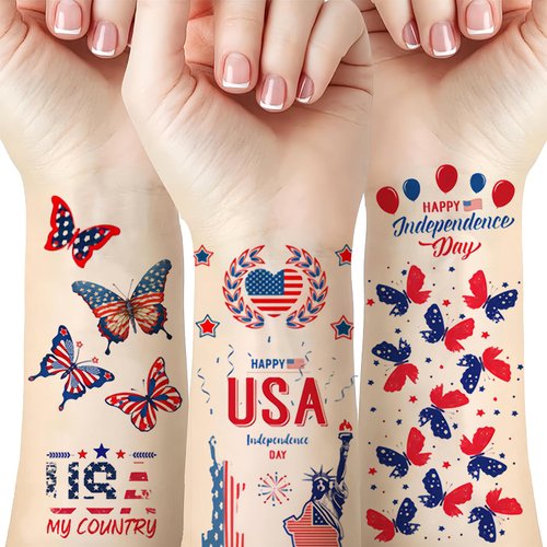 4th of July Temporary Tattoos Patriotic Fake Tattoos for Kids Adults USA Flag Star Hat Eagle Butterfly Flowers Tattoo Kit Independence Day Parade Party Makeup Body Face Eye Decor Supplies 10 Sheets