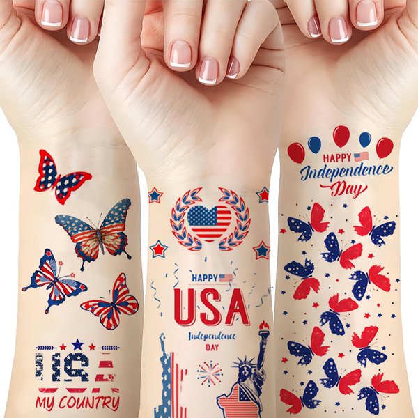 4th of July Temporary Tattoos Patriotic Fake Tattoos for Kids Adults USA Flag Star Hat Eagle Butterfly Flowers Tattoo Kit Independence Day Parade Party Makeup Body Face Eye Decor Supplies 10 Sheets