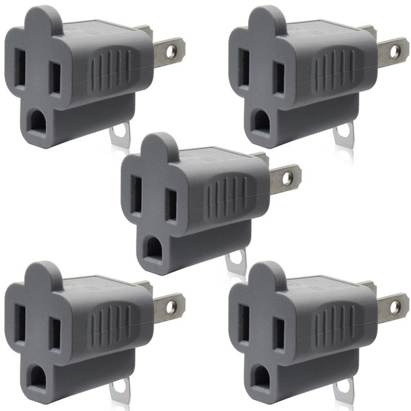 ELEGRP 2 Prong to 3 Prong Outlet Plug Adapter, Three Prong to Two Prong Adapter Converters for Wall Outlets Plugs, Polarized Grounding Plug Adapter, ETL Listed, 5 Pack, Gray