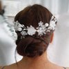 CASOLVX Bridal Ceramic Flower Hair Comb Crystal Headside Comb Set Rice Bead U-shaped Hairpin Wedding Accessories for Bride and Bridesmaids 3PCS