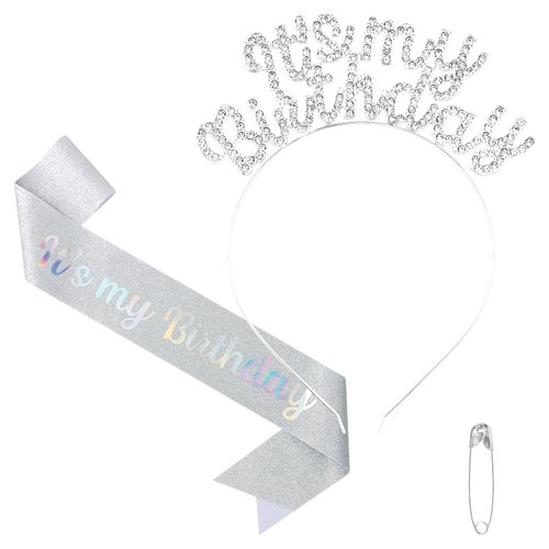 BAHABY Birthday Crowns for Women, It's My Birthday Sash & Birthday Headband Set Princess Birthday Sash and Rhinestone Tiara Birthday Sweet Happy Birthday Accessories for Party- Silver