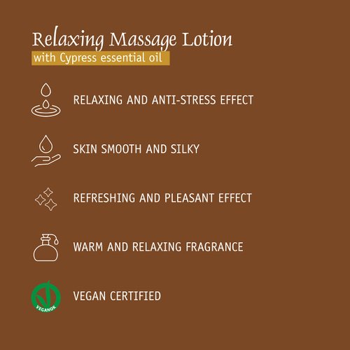 Prija Relaxing Massage Lotion formulated with Cypress Essential Oil (12.84 fl oz) - Relaxing and Moisturizing - Vegan Friendly - Dermatologically Tested - Made with 100% Recycled Bottle