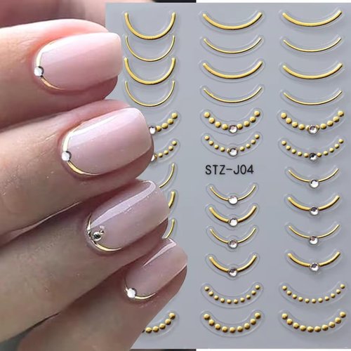 8Pcs French Strip Line Nail Stickers,Metal Stripe Nail Decals Luxury Rhinestone Nail Art Sticker Shiny Metallic Lines Adhesive Nail Supplies Chrome Gold Silver for Nails Decoration Accessories Tools