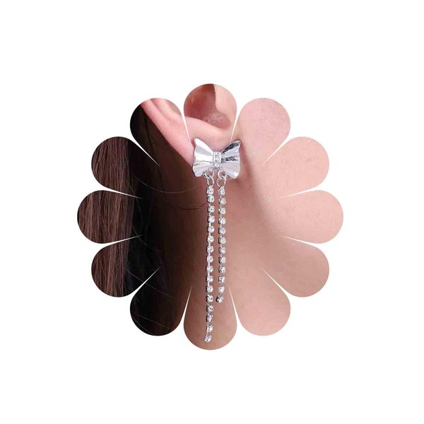 Sttiafay Vintage Bow tennis chain Drop Earrings Long Crystal Chain Earrings Silver Bow Cz Tassel Earrings Sparkly Cz Bowknot Stud Earrings Jewelry for Women and Girls