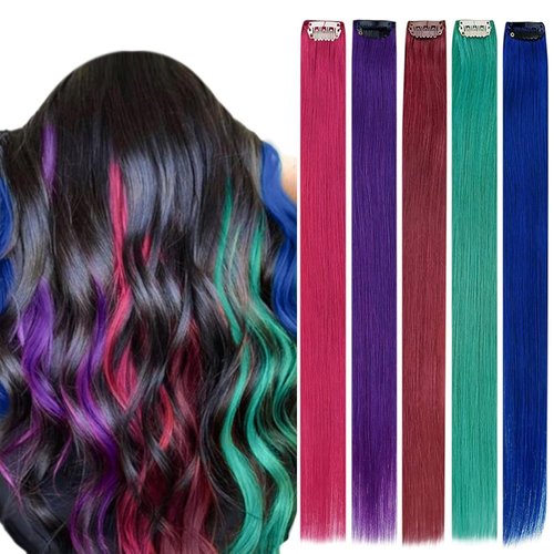 RUNATURE Multi-Colored Clip in Hair Extensions Human Hair for Women 14 Inch Rainbow Remy Hair Clip in Human Hair Extensions Mix Colored Pink,Purple,Teal,Blue,Burgundy 25g 5pcs
