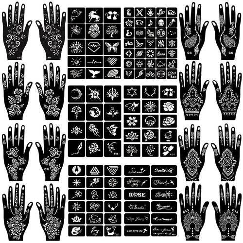 Henna Tattoo Stencil Kit 123+pcs, 22 Sheets Henna Stencils Glitter Airbrush Reusable Temporary Tattoo Stencils Indian Arabian Realistic Tattoo Stickers for Face Body Paint DIY
