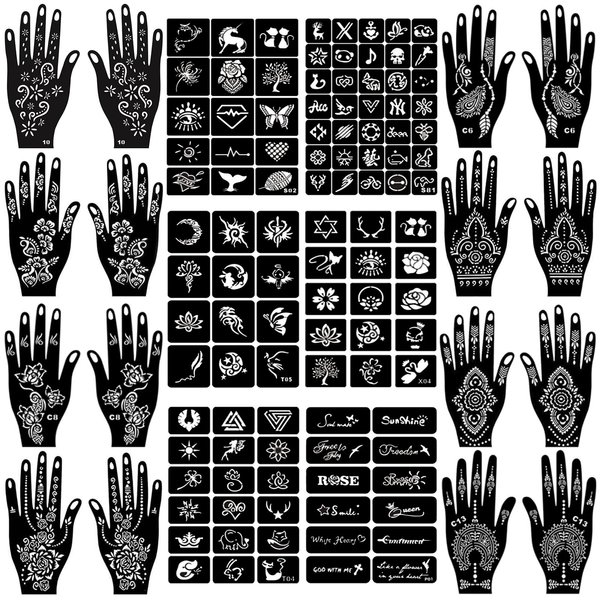 Henna Tattoo Stencil Kit 123+pcs, 22 Sheets Henna Stencils Glitter Airbrush Reusable Temporary Tattoo Stencils Indian Arabian Realistic Tattoo Stickers for Face Body Paint DIY