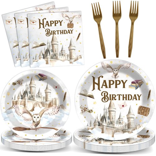 96Pcs Magical Wizard Birthday Party Supplies Vintage Castle Owl Party Plates and Napkins Witch Wizard Magic Party Disposable Tableware Decorations for Magic Baby Shower Party Favors for 24 Guests