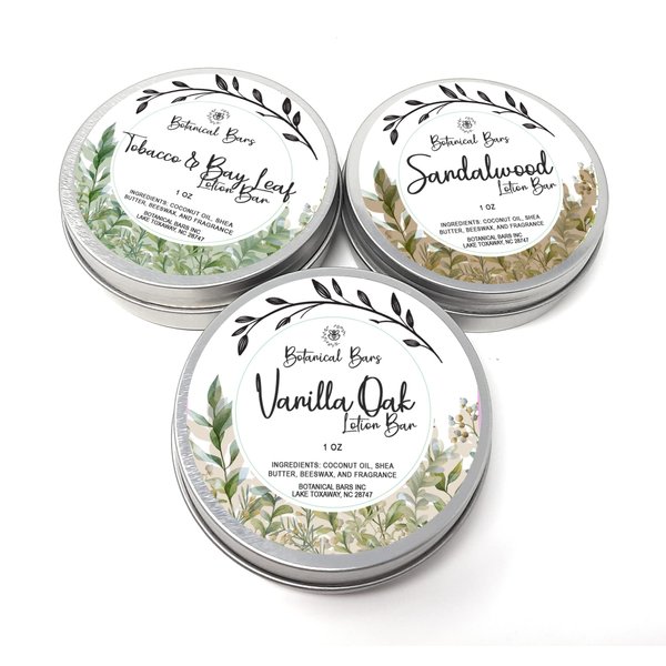Men's Lotion Bar Set - 3 Lotion Bars 1oz Each - Sandalwood Lotion, Vanilla Oak Lotion, and Tobacco and Bay Leaf Lotion