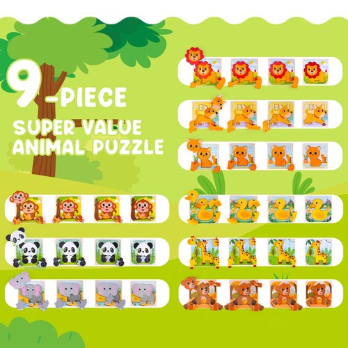 AuntyFey Wooden Puzzle for Toddler 1-3, 9 Pcs Toddler Puzzle Ages 2-4, Baby Animal Puzzle for Toddler, Montessori Puzzles Toys for 1 2 3 Year Old Boy Girl, Learning Educational Puzzle Toy(9 Pcs)