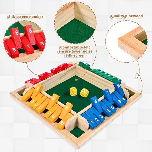 CRETVIS 1-4 Players Shut The Box Dice Game, 10 Numbers Traditional Wooden Pub Bar Board Family Table Mat Game Dice for Kids and Adults