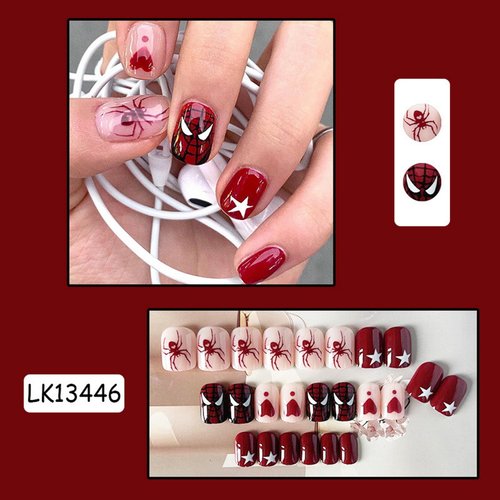 Halloween Press on Nails Short Spider Fake Nails Red Square False Nails with Spider Web Designs Acrylic Nails for Women Girls Men Halloween Manicure Art Decorations