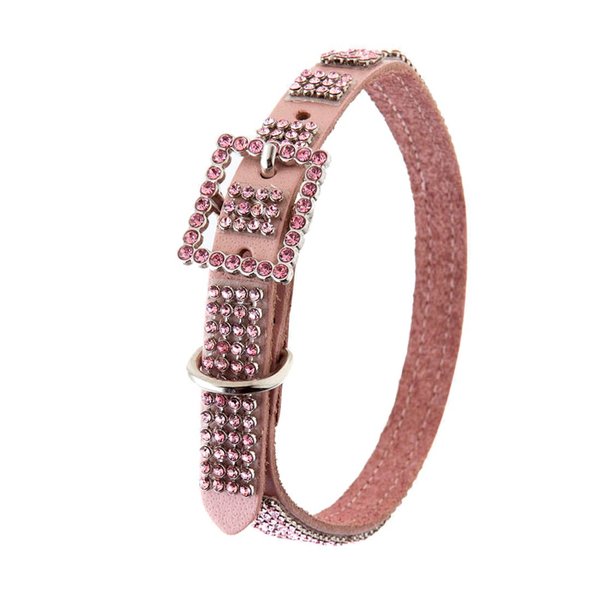Crazy4Bling Pink Leather Dog Collar with 4 Rows Pink Rhinestones and Rinestone Buckle, Size XS