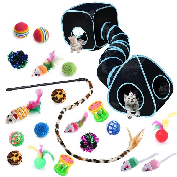 GONPETGP Cat Toys for Indoor Cats, Kitten Toys Set, Collapsible Pet Tunnel Cube Tent Toys, Interactive Cat Feather Teaser Wand Cat Bell Balls Fuzzy Ball Springs Mouse Toys for Cat Kitty (Black)