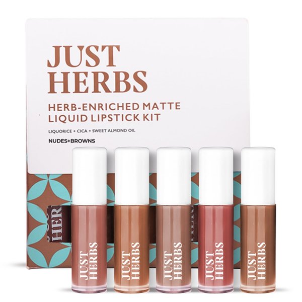 Just Herbs Organic Liquid Lipstick Kit Set of 5, Hydrating & Lightweight Lip Color - Paraben & Silicon Free - 1.6 fl oz. (Nudes & Browns)