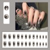 Grey Black French Tip Star Moon Press on Nails Medium Length Fake Nails Glossy Gradient False Nails Full Cover Blush Black Artificial Acrylic Nails Silver Star Moon Glue on Nails for Women Girls 24pcs