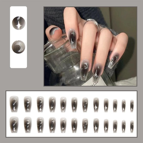 Grey Black French Tip Star Moon Press on Nails Medium Length Fake Nails Glossy Gradient False Nails Full Cover Blush Black Artificial Acrylic Nails Silver Star Moon Glue on Nails for Women Girls 24pcs