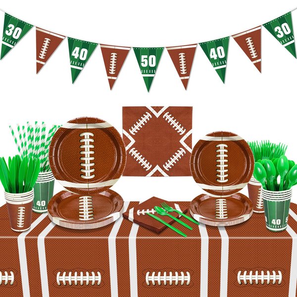 Football Theme Party Supplies - Including Dinner Plates, Dessert Plates, Cups, Napkins, Tablecloth, Tableware, Straws, Banner for Game Day and Football Birthday Decorations, Serves 20