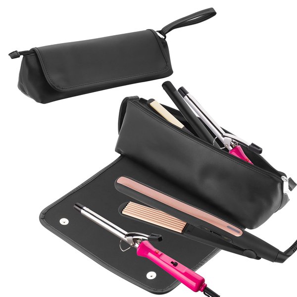 Buwico Travel Hair Tools Bag, Hair Tools Travel Case and Heat Resistant Mat for Flat Irons, Curling Iron, Haircare Accessories, 2-in-1 Design Curling Iron Travel Bag for Dyson Airstrait (Black)