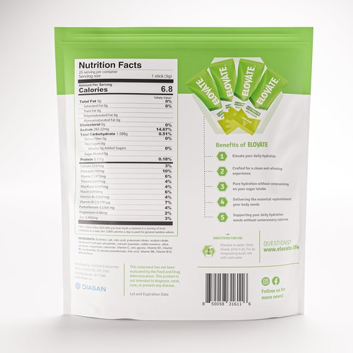 ELOVATE Zero Sugar Electrolyte Drink Mix, 25 Packets, Lime Mint Flavor, 3 g Each Packet (25, Lime Mint)