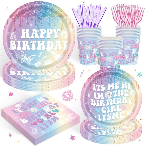 120PCS Era's Happy Birthday Party Supplies for Girls Kids Its Me Hi I`m the Birthday Decorations Iridescent Glitter Music Fans Themed Bday Party Tableware Set Plates Napkin Cups Set for 20 Guests