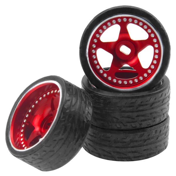 4PCS ShareGoo Metal 1/28 Wheel Rims & Rubber Racing Tires 5-Spoke Compatible with Wltoys K969 K989 P929 Kyosho Mini-Z Mini-Q Mini-D 1/28 RC Car (Red)