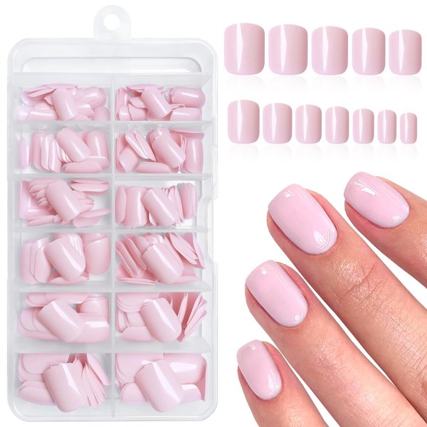 Lifextol 240pc Square Press on Nails Short Fake Nails Press ons with Glue&Adhesive Tabs, Baby Pink Acrylic Nails Press on Nails Square Nail Tips Petite Glue on Nails False Nails Artificial Fingernails
