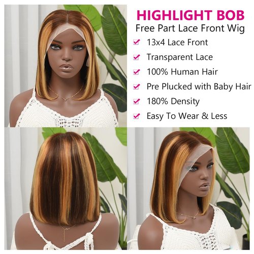 Highlight Ombre Bob Wig Human Hair 12 Inch Colored 4/27 Honey Blonde Bob Human Hair Wigs for Women 13x4 Transparent Lace Frontal Wigs Straight Short Bob Wigs Pre Plucked with Baby Hair 180% Density