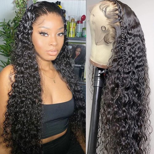 SWEETGIRL 28 Inch Lace Front Wigs Human Hair Water Wave Pre Plucked 13x4 HD Lace Frontal Wigs Human Hair Curly Lace Front Wigs for Black Women with Baby Hair 180 Density Natural Color