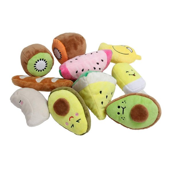 CheeseandU 9 Pack Dog Squeaky Toys Cute Stuffed Plush Fruits Baguette and Popsicle Dog Chewing Biting Toys for Puppy Small Medium Dog Pets Teeth Cleaning Training Interactive Toy