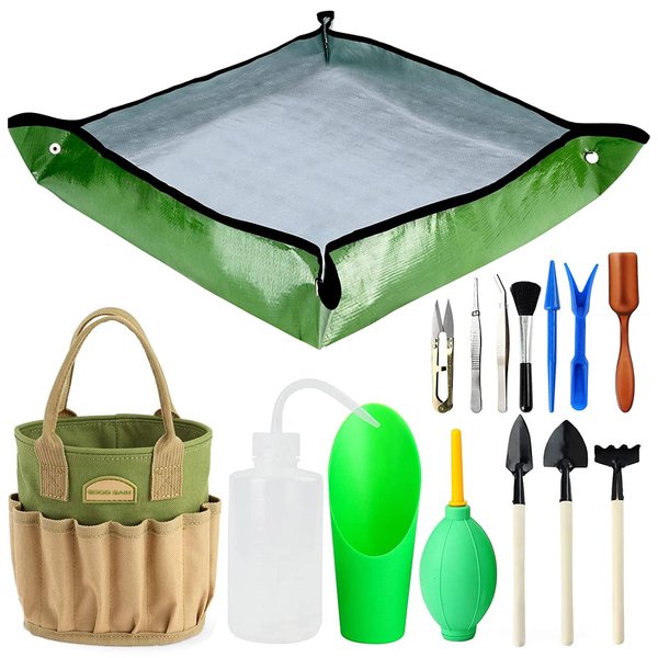 13 Pieces Succulent Tools Kit with Organizer Bag, Gardening Tool Set with Tote,Mini Succulent Garden Tool Kit Succulent Bonsai Planter Set Indoor Gardening,Miniature Indoor Fairy Planting Care Green