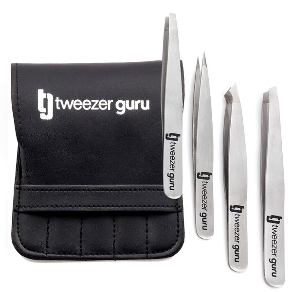 Tweezer Guru Eyebrow Tweezer Set for Women & Men - Professional Slant and Pointed Tweezers Set with Case - Precision Tweezers Kit for Facial Hair, Splinter and Ingrown Hair Removal (4 PC-W)