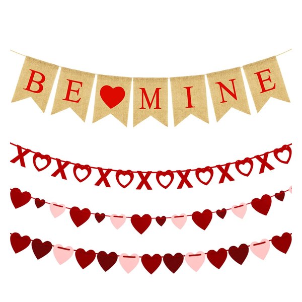4Pcs Valentines Day Decorations Set No DIY Required BE MINE Love Heart XO Garlands Banner for Home Classroom Office Wedding Party Anniversary