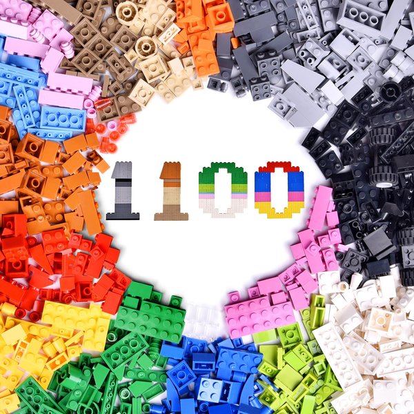 1100 Piece Building Blocks Classic Building Toys, Creative Bulk Building Bricks Sets Compatible with Legos Baseplate Sets 17 Colors Mixed 147 Shapes for Kids Party Favors Birthday Gift