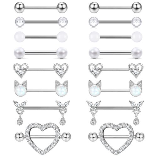 JOERICA 8 Pairs 14G Nipple Rings for Women 316L Stainless Steel Heart Butterfly Planet CZ Wing Barbell Nipple Rings Set Cute Nipplerings Piercing Jewelry