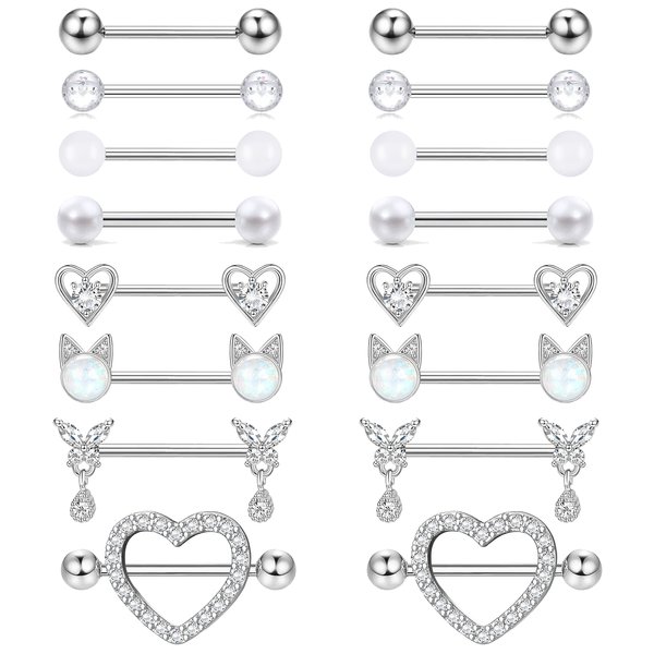 JOERICA 8 Pairs 14G Nipple Rings for Women 316L Stainless Steel Heart Butterfly Planet CZ Wing Barbell Nipple Rings Set Cute Nipplerings Piercing Jewelry