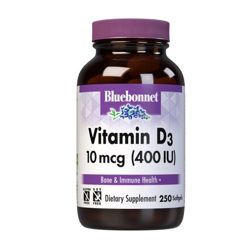 Bluebonnet Nutrition Vitamin D3 400 IU Softgels, Aids in Muscle and Skeletal Growth, Cholecalciferol from Fish Oil, Non GMO, Gluten Free, Soy Free, Dairy Free, 250 Softgels