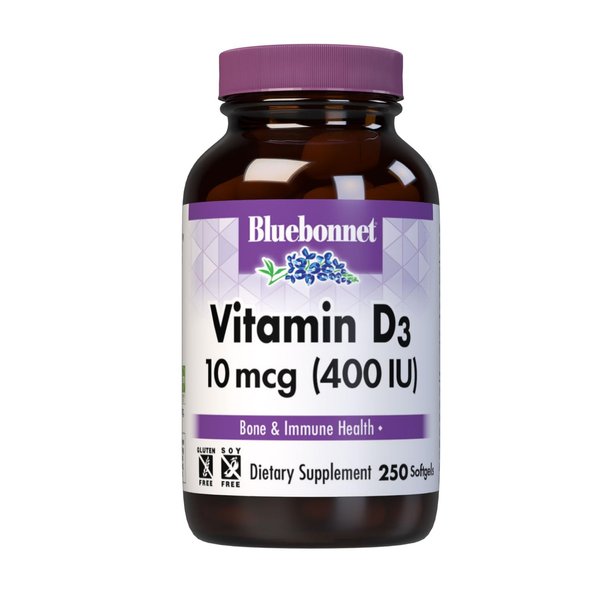 Bluebonnet Nutrition Vitamin D3 400 IU Softgels, Aids in Muscle and Skeletal Growth, Cholecalciferol from Fish Oil, Non GMO, Gluten Free, Soy Free, Dairy Free, 250 Softgels