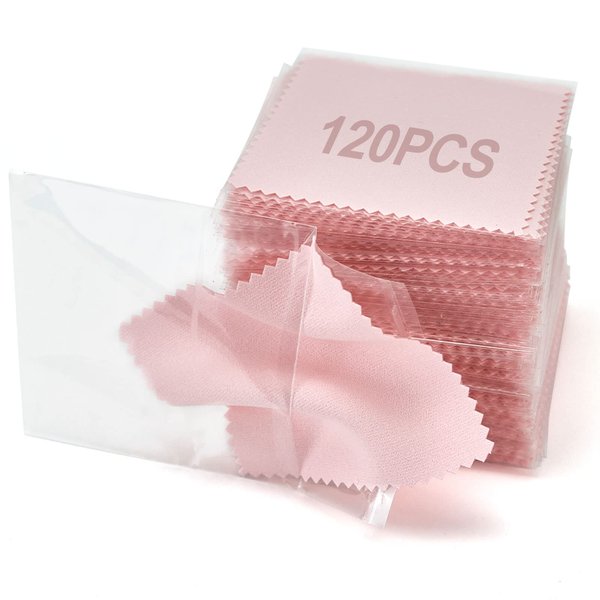 PINGMIC 120PCS Jewelry Cleaning Cloth, Professional Polishing Cloth Individually Wrapped, Pink Silver Polishing Cloth for Jewelry Sterling Silver Gold Platinum Watch Coins and More (3.15" x 3.15")